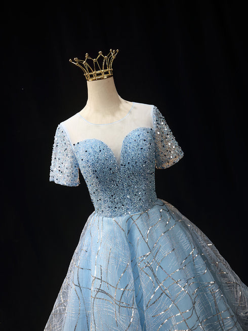 Light Blue Short Tulle Wedding Dress - Pretty Sequin Dress - Embellished Dress with Sleeves Plus Size